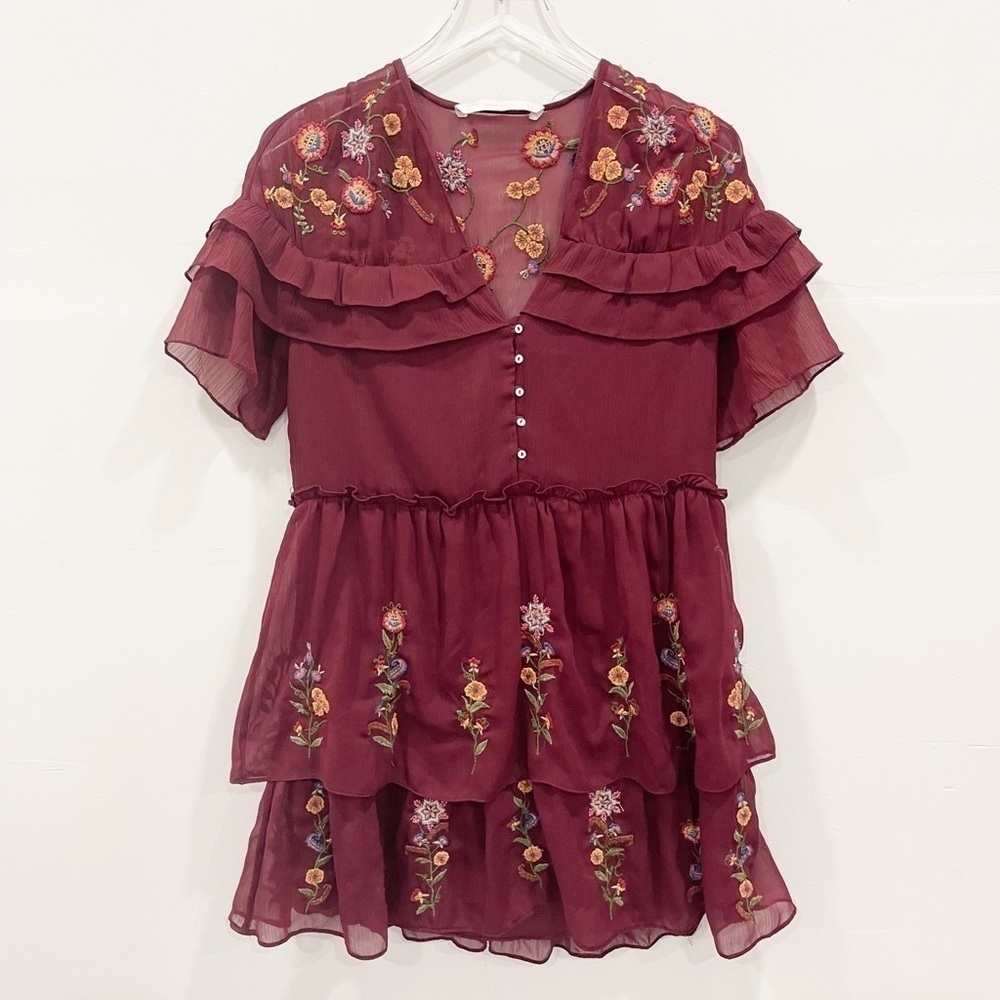 Zara Embroidered Flower Layered Flounce Button Front Dress Blogger Favorite S